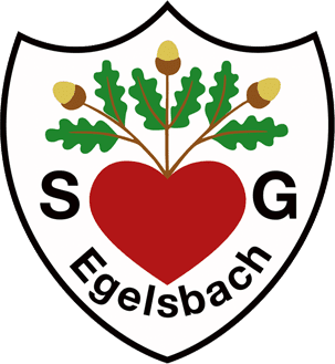 Wappen der S.G. Egelsbach mit einem roten Herz, Eichenblättern und Eicheln auf einem weißen Hintergrund.